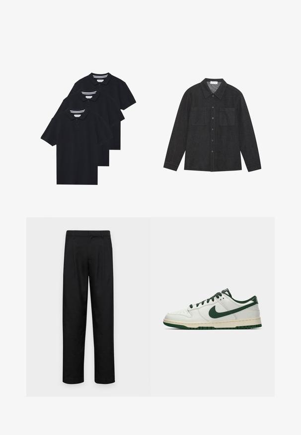 Trzy czarne koszulki polo wykonane z bawełny, z klasycznym kołnierzykiem, zapięciem na dwa guziki oraz kontrastowym paskiem na kołnierzyku.; Ciemnoszara koszula z teksturowanej tkaniny, z kołnierzykiem w szpic, zapięciem na guziki i dwiema kieszeniami na piersi. Długie rękawy z guzikiem na mankietach.; Czarne spodnie wykonane z gładkiego materiału, z prostą nogawką, dwoma fałdami z przodu oraz standardowym paskiem z wypustkami na pasek.; Białe sneakersy niskie z ciemnozielonym logo Nike, sznurowadłami i akcentami na podeszwie, pokazane z profilu na jednolitym białym tle.