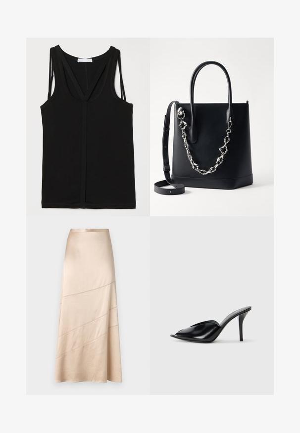 Sort tank top i blødt stof med dyb udskæring og krydsede stropper. Designet med en tætsiddende silhuet og flade sømme.; Lys beige satin midi skirt med en flydende silhuet, diagonale syninger og en glat tekstur med en subtil glans.; Sorte læder højhælede mules med åbent tådesign, spidse former, glat tekstur og en slank stiletto hæl.; Sort læder tote bag med et struktureret design, der har en sølv kæde som accent og to håndtag. Inkluderer en aftagelig læderrem.