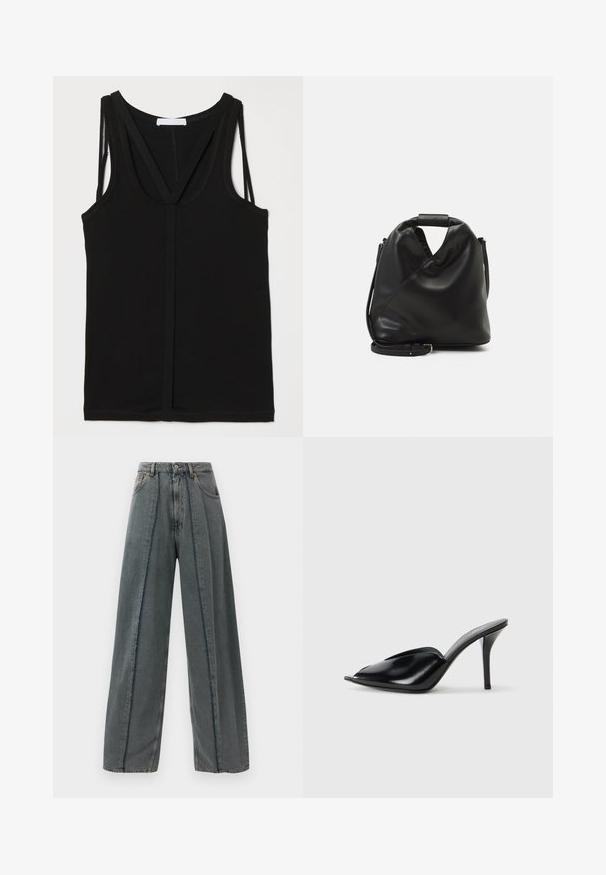 Black tank top in soft fabric, featuring a deep neckline and crisscross straps. Designed with a fitted silhouette and flat seams.; Wide-leg dark gray denim jeans with high waist, frayed seam details running vertically down the front, and classic five-pocket design.; Black leather high-heeled mules with an open toe, pointed design, smooth texture, and a slim stiletto heel.; Black, soft leather bag with a unique twisted design. Features a short handle and a detachable shoulder strap. Minimalist style.