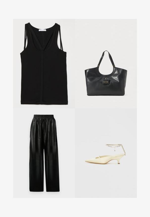 Czarny top na ramiączkach z miękkiego materiału, z głębokim dekoltem i krzyżującymi się ramiączkami. Zaprojektowany z dopasowaną sylwetką i płaskimi szwami.; Czarne skórzane spodnie o szerokich nogawkach z elastycznym paskiem, wyposażone w dwie boczne kieszenie oraz gładką, błyszczącą fakturę.; Żółta satynowa szpilka z wąskim noskiem i niskim obcasem, z dekoracyjnym paskiem na kostkę ozdobionym łańcuchem z cyrkoniami. Gładka tekstura, minimalistyczny design.; Czarna skórzana torba na ramię z połyskiem, zaokrąglonym szczytem, dwiema ramiączkami i akcentem z złotej stali na przodzie.