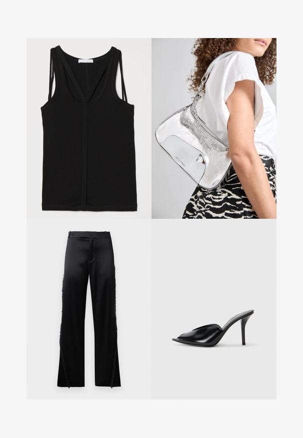 Sort tank top i blødt stof med dyb udskæring og krydsede stropper. Designet med en tætsiddende silhuet og flade sømme.; Sorte satinbukser med brede ben, der har frynse detaljer langs sidesømmen og en flad front talje. Ensfarvet bag uden lommer.; Sorte læder højhælede mules med åbent tådesign, spidse former, glat tekstur og en slank stiletto hæl.; Sølv metal skuldertaske med en glat overflade, buet design, kædestrop og en poleret frontpanel med en subtil logoindgravering.