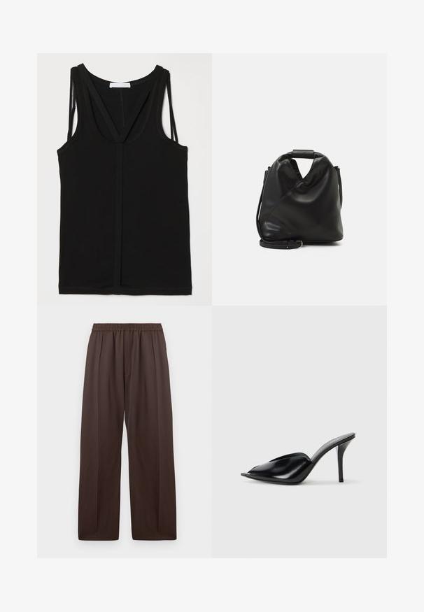 Top negro sin mangas de tela suave, con un escote profundo y tirantes entrelazados. Diseñado con una silueta ajustada y costuras planas.; Pantalones de pierna ancha marrones con cinturilla elástica y sutiles pliegues frontales, mostrados de forma plana sobre un fondo blanco.; Zuecos de tacón alto de cuero negro con punta abierta, diseño puntiagudo, textura suave y un delgado tacón de aguja.; Bolso de cuero negro y suave con un diseño retorcido único. Presenta un asa corta y una correa de hombro desmontable. Estilo minimalista.