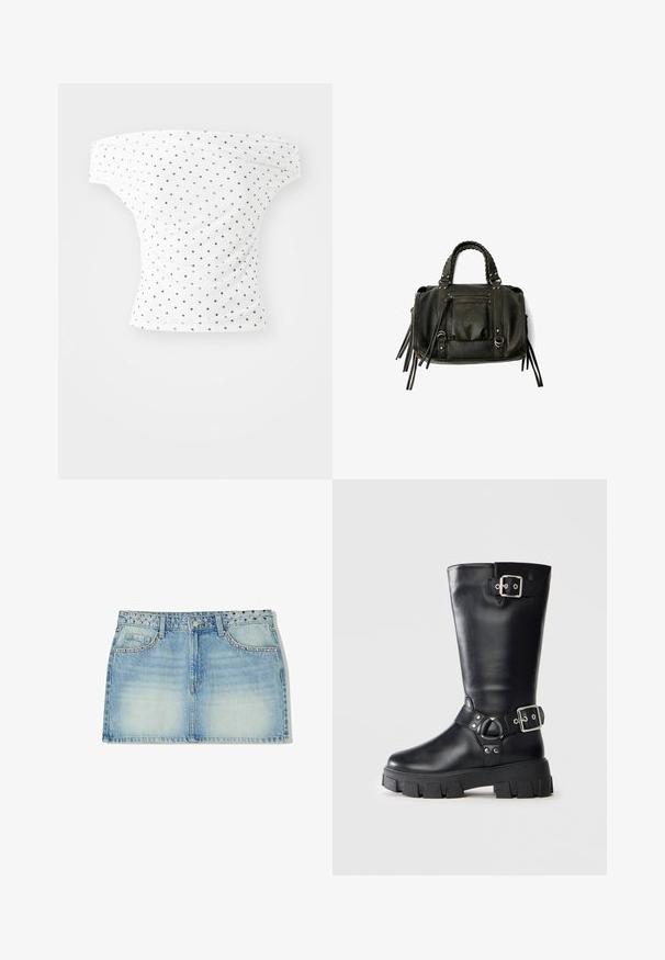 Olkapäiltä avonainen valkoinen paita, jossa on mustia pilkkuja, istuva muoto ja rypytetty pinta, täydellinen arkikäyttöön.; Vaaleansininen farkku-minihelma, jossa on niittikoristeltu vyötärö, kaksi etutaskua ja suora leikkaus haalistuneella pinnalla.; Mustat nahkaiset saappaat, jotka ulottuvat keskivartalon alueelle, paksulla urasohjalla, kaksilla hopeisilla soljella - yksi ylhäällä ja toinen nilkan ympärillä.; Musta nahkainen käsilaukku letitetuilla kahvoilla, vetoketjullinen tasku ja roikkuvat tupsut. Muotoiltu pinta metallisten niittien ja varusteiden korostuksilla.