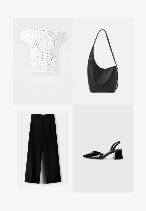 Off-the-shoulder top van witte stof met zwarte stippen, met een fitted vorm en geplooide textuur, ideaal voor casual gebruik.; Zwarte wijde broek van lichtgewicht stof, met een knoopsluiting aan de voorkant en een vlakke achterkant, afgewerkt met keurig gestikte zoom.; Zwarte gepatineerde leren slingback hakken met een spitse neus en een geometrische blokhak. Kenmerkt zich door een slank, minimalistisch ontwerp en een gladde textuur.; Zwarte leren hobo tas met een gladde textuur, kromme vorm en een enkele verstelbare schouderband; heeft een brede opening aan de bovenkant.