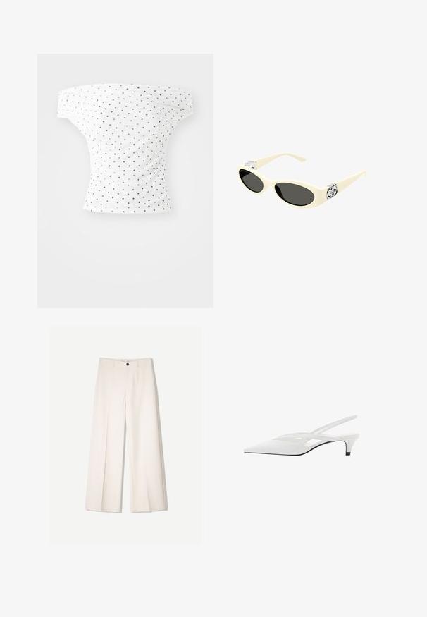 Top off-the-shoulder din țesătură albă cu buline negre, având o formă ajustată și textură plisată, ideal pentru purtare casuală.; Pantaloni largi de culoare crem, cu un design croit, având două buzunare la față și o închidere cu un singur nasture în față, realizați dintr-un material neted.; Sandale albe cu toc slingback și vârf ascuțit, având un upper neted, decupaje subtile și un toc bloc mic. Talpa neagră accentuează designul.; Ochelari de soare de culoare crem, cu lentile ovale, nuanță neagră și accente metalice cu logo la temple. Textură netedă, design tip cat-eye.; Geantă de umăr din piele de vacă maro și crem, cu o bandă din piele netedă, închidere cu fermoar și o suprafață moale, texturată, cu un model natural.