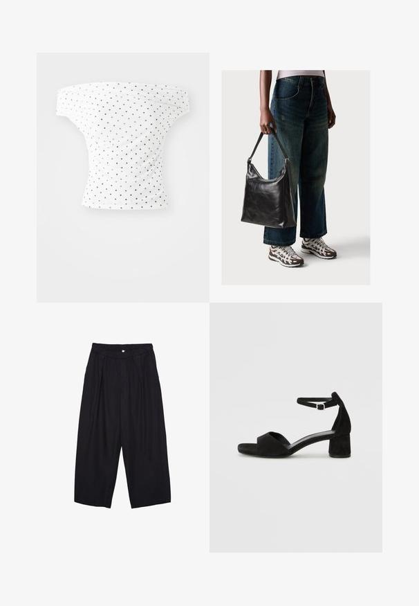 Světlá off-the-shoulder blůza s černými puntíky, která má přiléhavý střih a nabíranou texturu, ideální pro každodenní nošení.; Černé polyesterové culotte kalhoty s elastickým pasem, dvěma předními sklady a volným siluetou. Žádné viditelné vzory ani kovové detaily.; Černé sametové sandály na podpatku s tenkým řemínkem kolem kotníku, otevřenou špičkou a skromným blokovým podpatkem. Hladká textura a minimální akcenty.; Černá kožená kabelka přes rameno se hladkým povrchem a nastavitelným popruhem, spárovaná s vybledlými džínami širokého střihu a sportovními teniskami.