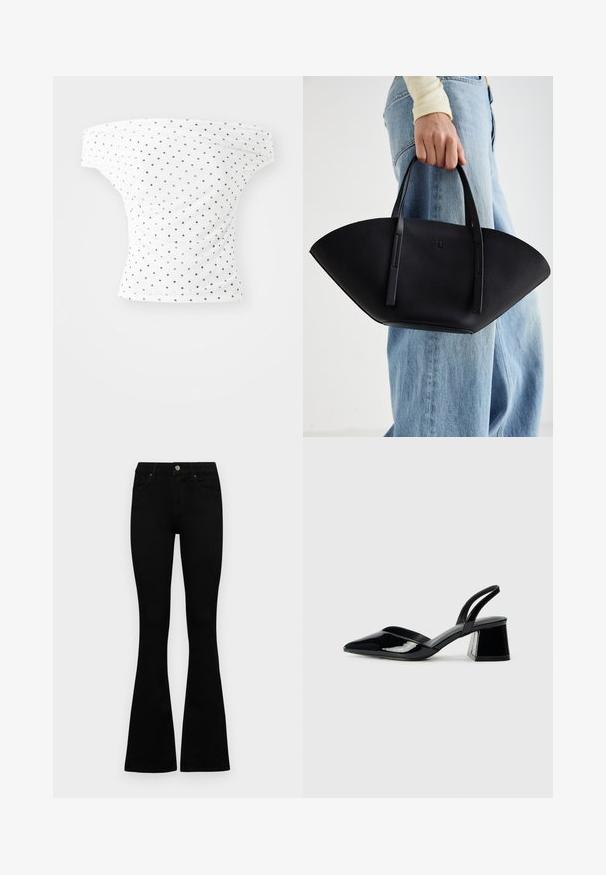 Valgest kangast Off-the-shoulder muster mustade täppidega, millel on sobiv lääne stiil ja kortsunud tekstuur, ideaalne igapäevaseks kandmiseks.; Mustad kõrge vöökohtadega teksad, millel on nööp ja lukuga sulgemine, esikäe taskud ja laienevad sääred, asetatud tasasele valgele taustale.; Mustad musta lakknahk kingad, millel on terav varvas ja geomeetriline plokkkonts. Omab elegantselt minimalistlikku disaini ja sujuvat tekstuuri.; Must mustra kott, millel on unikaalne fännikujuline disain, millel on lapikud käepidemed. Pinna tekstuur on kivikujuline ja disain on minimalistlik.