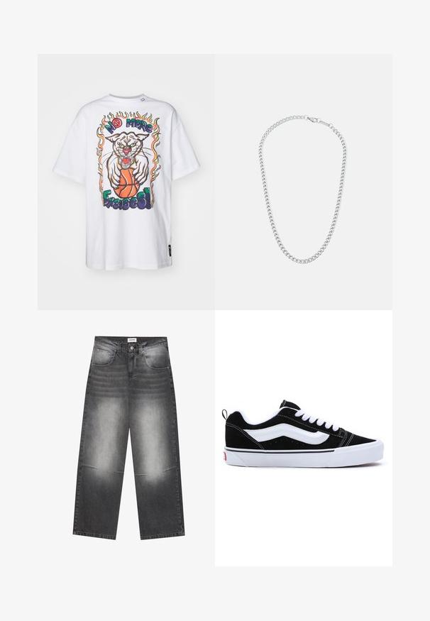 Camiseta blanca de algodón con un gran gráfico de un gato mostrando los dientes sosteniendo una pelota de baloncesto, rodeado de llamas coloridas y texto en negrita.; Jeans de mezclilla negra de pierna ancha con un acabado gris desgastado, que cuentan con bolsillos delanteros, cierre de botón y un ligero desgaste en las rodillas.; Zapatillas de ante negro con acentos blancos, que presentan un diseño de corte bajo, cierre con cordones y una gruesa suela de goma blanca. Logo de la marca en el talón.; Collar de cadena de metal plateado con eslabones entrelazados y un cierre seguro, textura lisa, acabado uniforme y diseño clásico.