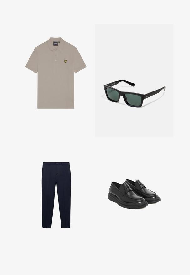 Polo shirt beige in cotone, con una patta a tre bottoni e un piccolo logo di uccellino ricamato di giallo sul lato sinistro del petto.; Pantaloni blu navy realizzati in tessuto liscio, con una vestibilità dritta, vita standard con bottone e tasche laterali discrete.; Mocassini neri in pelle con punta rotonda, dettagli cuciti e suola in gomma a piattaforma. Presenta un cinturino decorativo sulla tomaia.; Occhiali da sole neri rettangolari con lenti verdi, caratterizzati da una finitura opaca, aste dritte e il logo Ray-Ban sul lato.