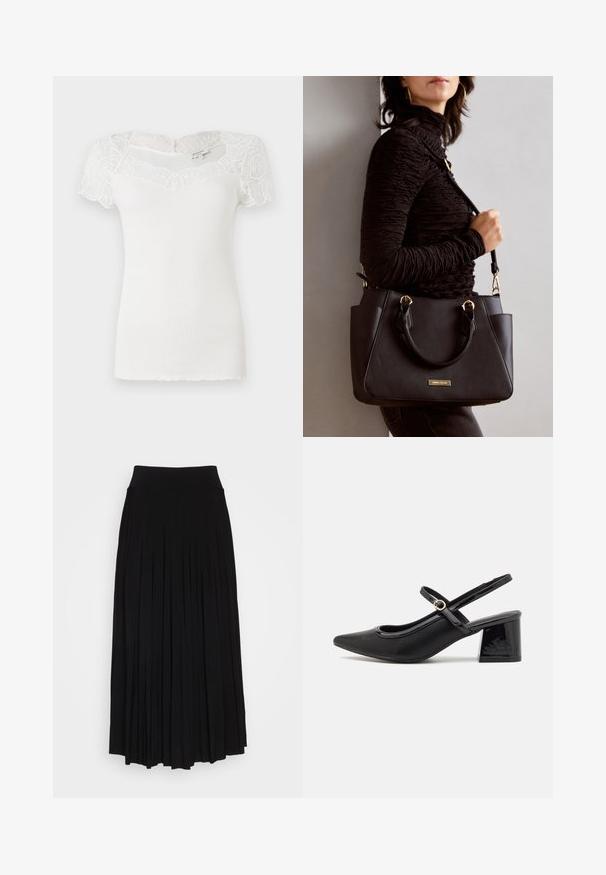 Top bianco a righe con maniche corte in pizzo e scollatura a onde. Il tessuto ha una consistenza liscia e una silhouette aderente.; Gonna nera plissettata con vita alta e elastica. Realizzata in tessuto morbido, presenta plissettature verticali per una silhouette fluida.; Décolleté in vernice nera con cinturino dietro, punta affusolata, design con ritagli arrotondati e tacco a blocco. Presenta un accento di fibbia tono oro.; Borsa nera con superficie texturizzata, manici superiori doppi e tracolla regolabile. Dotata di hardware color oro e tasche laterali.