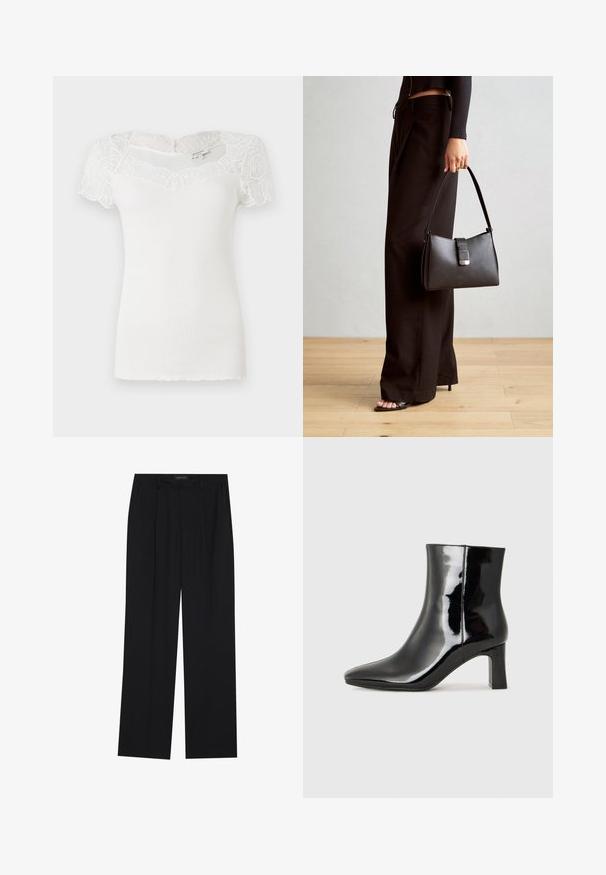 Balta raukinėta palaidinė su nėrinių trumpomis rankovėmis ir nelygiu apykakle. Audinys yra glotnus ir turi prigludusį siluetą.; Juodos kelnes su tiesiomis sijonais, turinčios dvi priekinės kišenės ir juosmenį. Pagamintos iš lygios, lengvos medžiagos.; Juodos lakuotos odinės aulinukės su smailiu pirštu ir vidutinio aukščio blokuotu kulnu. Lygus paviršius ir minimalistinis dizainas.; Juodas rankinė struktūrizuota forma, lygi tekstūra ir metalinis užsegimas. Suporuota su plačiomis juodomis kelnėmis ir atvirais bateliais ant medinių grindų.