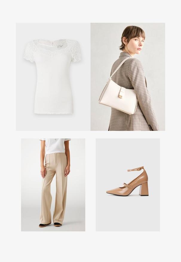 Witte geribde top met kanten korte mouwen en een geschulpte halslijn. De stof heeft een gladde textuur met een aansluitende silhouet.; Beige wijde broek gemaakt van een gladde stof, met voorplooien en een hoge taille. Gekleed met zwarte en bruine platte schoenen.; Beige lakleren hoge hakken met een puntige neus, een enkelbandje en een chunky vierkante hak. Gladde textuur met een glanzende afwerking.; Witte leren handtas met een gestructureerd ontwerp, voorzien van een magneetsluiting en een schouderriem, tentoongesteld tegen een neutrale achtergrond.