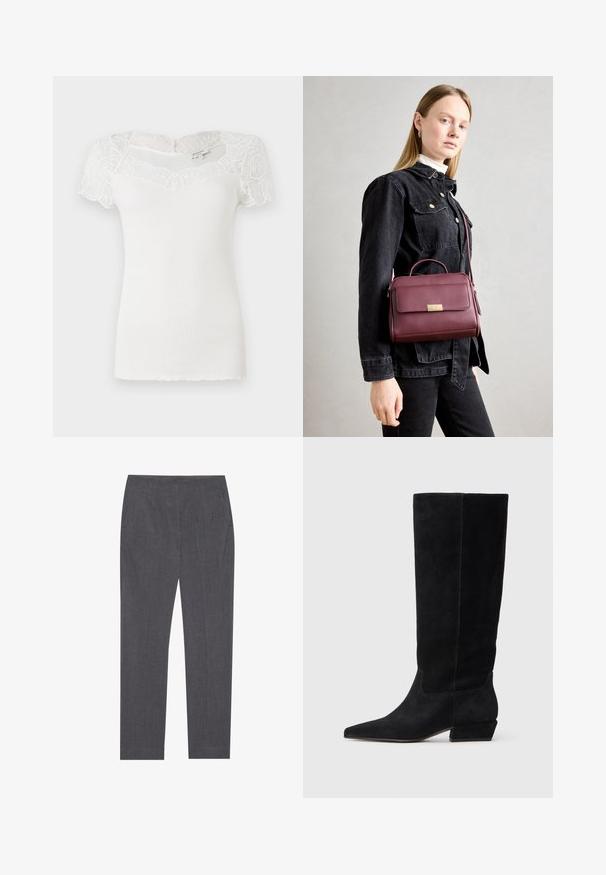 White ribbed top featuring lace short sleeves and a scalloped neckline. The fabric has a smooth texture with a fitted silhouette.; Grey tailored trousers made of a textured fabric, featuring side pockets and a straight leg design with a smooth waistband.; Black suede knee-high boots with a pointed toe, low block heel, and seamless sides. Clean design with no visible hardware or accents.; Burgundy leather handbag with gold clasp, structured shape, top handle, and adjustable shoulder strap. Model wears a denim jacket.