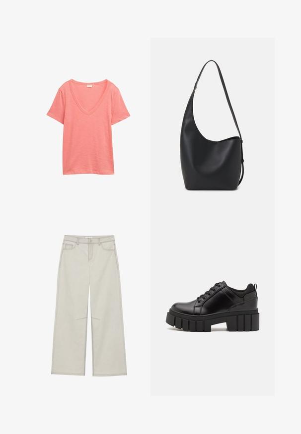 TOM TAILOR MIT V-AUSSCHNITT - Marškinėliai su spaudiniu - rosewood pink; Šviesiai pilkos plačios kelnės su penkiomis kišenėmis, priekyje užsegamos mygtuku ir su kontrastine siūle palei siūles. Audinys atrodo minkštas ir patvarus.; Juodi odiniai platformos batai su masyviu blokuota kulniuku, apvalia nosimi ir tradiciniu šnypštimo dizainu. Turintys glotnų paviršių ir minimalų dekoravimą.; Juodas odinis hobo maišas su lygiu paviršiumi, kreipta forma ir viena reguliuojama rankena; turi platų atidarymą viršuje.