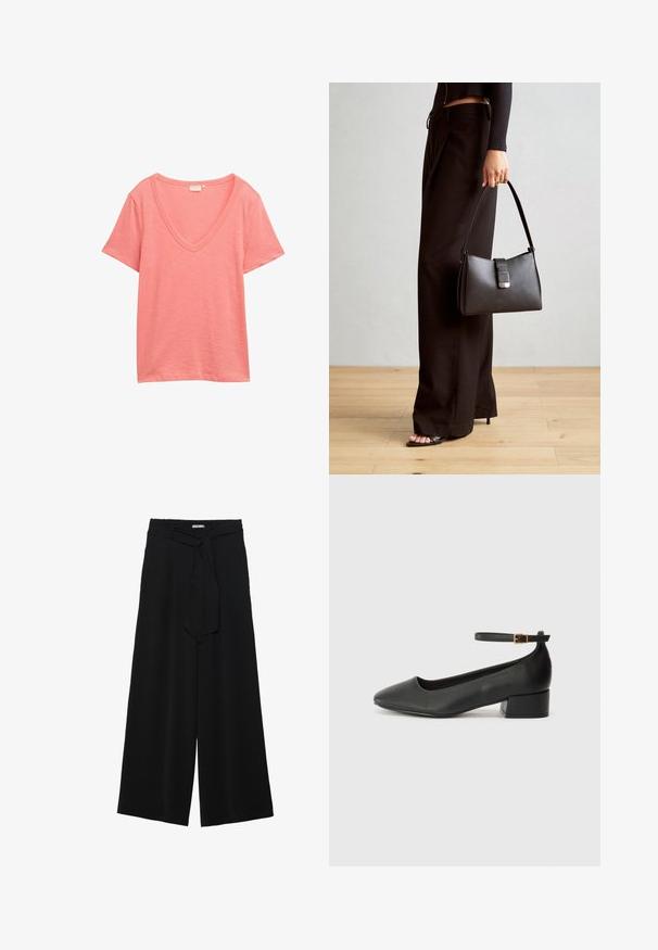 TOM TAILOR MIT V-AUSSCHNITT - Tričko s potlačou - rosewood pink; Čierne široké nohavice s textúrovanou tkaninou, elastickým pásom a odnímateľným viazaním na páse pre nastaviteľné priliehanie.; Čierne kožené lodičky s špicatou špičkou a nízkym blokovým podpätkom. Obsahuje remienok okolo členka so zlatým prackou. Hladký povrch.; Čierna kabelka so štruktúrovaným tvarom, hladkou textúrou a kovovou sponou. V kombinácii so širokými čiernymi nohavicami a sandálmi s otvorenou špičkou na drevenej podlahe.