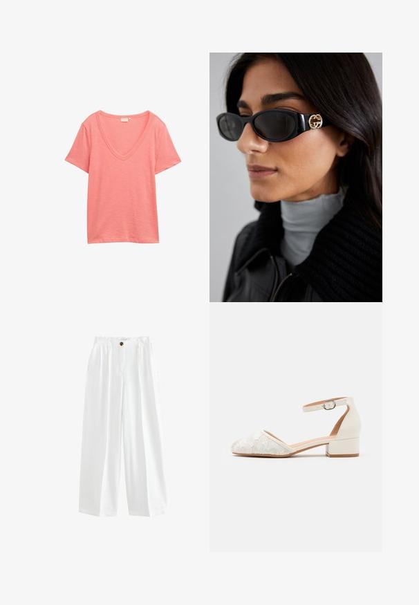 TOM TAILOR MIT V-AUSSCHNITT - Marškinėliai su spaudiniu - rosewood pink; Balti plačiai kojos kelnės, pagamintos iš lengvos medžiagos. Su užsegimu sagute, dviem šoninėmis kišenėmis ir laisvu siluetu.; Balti nėriniai bateliai su kulkšnimi dirželiais, žemu, storu kulnu ir smailiu nosiu. Lygus vidaus pamušalas, tekstūruoti nėriniai ir sagties detalė.; Juodos saulės akinius, turinčius elegantišką stačiakampį rėmą su auksiniu logotipo akcentu šone. Tamsūs lęšiai ir blizgus paviršius išsiskiria.