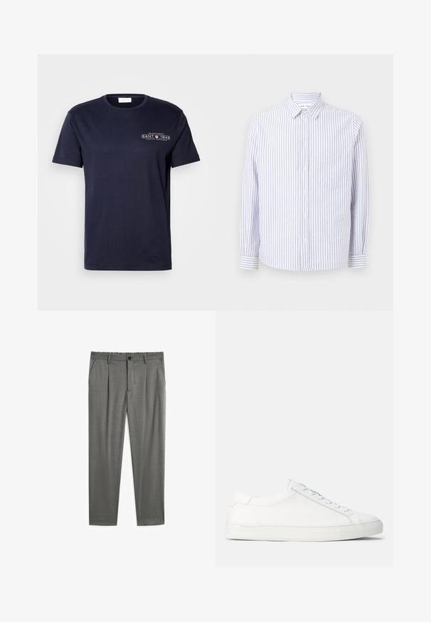 Námořnické bavlněné tričko s kulatým výstřihem, krátkým rukávem a potiskem na přední straně s nápisem "GANT 1949" v bílé barvě. Hladká textura, klasický střih.; Pruhovaná košile na knoflíky ve světle modré a bílé barvě. Obsahuje špičatý límec, dlouhé rukávy a jednu kapsu na prsou. Bavlněná tkanina.; Šedé kalhoty s hladkou texturou, s upevněním na knoflík, elastickým pasem a dvěma bočními kapsami. Krejčovský design s záhyby.; Bílé kožené tenisky s hladkým povrchem, zaobleným tvarem, plochou gumovou podrážkou a bílými tkaničkami. Mají minimalistický design a jemné logo.