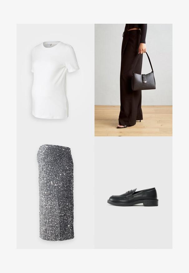Bílý těhotenský tričko vyrobené z měkké bavlny, s krátkými rukávy, kulatým výstřihem a přiléhavým střihem, který vyhovuje rostoucímu bříšku.; Stříbrné flitrové šaty s přiléhavým střihem, hladkou texturou a odstupňovaným vzorem od tmavě šedé po světlou šedou, s krátkým lemem.; Černé kožené mokasíny s kulatou špičkou, prošitými detaily a malým podpatkem. Hladký povrch a flexibilní gumová podrážka.; Černá kabelka se strukturovaným tvarem, hladkým povrchem a kovovým uzávěrem. Kombinována s širokými černými kalhotami a sandály s otevřenou špičkou na dřevěné podlaze.