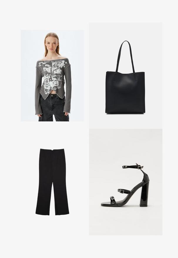 Graues, geripptes, schulterfreies Langarmoberteil mit weißem grafischem Design, das musikalische Elemente zeigt, rohem Saum und geschlitzten Seiten.; Schwarze Hose mit geradem Schnitt, ausgestattet mit Fronttaschen und Seitenschlitzen am Saum. Hergestellt aus weichem, glattem Stoff. Geeignet für verschiedene Anlässe.; Schwarze patentierte Sandalen mit Absatz, quadratischer Spitze, Knöchelriemen und silbernen Schnallen. Mit einem stabilen Blockabsatz für mehr Stabilität.; Schwarze Laptoptasche aus Leder mit glatter Textur, rechteckiger Form und zwei langen Griffen. Keine sichtbaren Beschläge oder Verzierungen.