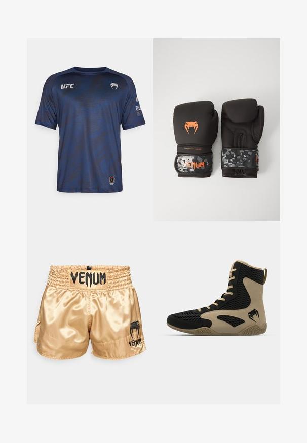T-shirt atlético azul-marinho com mangas curtas, padrão texturizado e logo da UFC no peito. Fabricado em tecido leve e que elimina a humidade.; Calças de boxe de cetim dourado com o logótipo preto "VENUM" na cintura e na lateral, apresentando uma textura suave e uma cintura elástica para conforto.; Sapatilha desportiva de cano alto com um exterior em malha preta e detalhes em bege. Sola de borracha texturada e detalhe do logótipo na lateral.; Luvas de boxe pretas com acabamento mate e design ergonómico. Detalhes do logótipo em laranja e tiras de pulso com padrão de camuflagem.