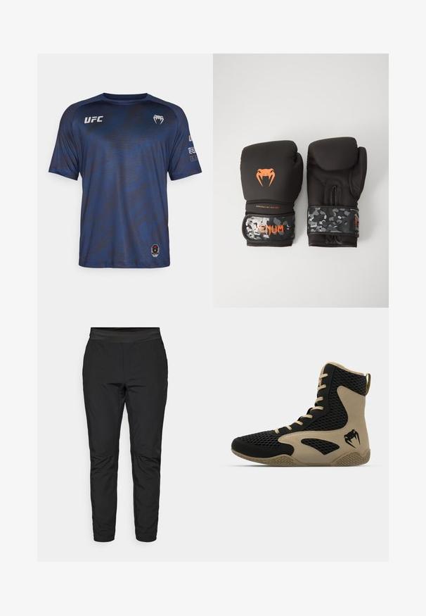 Temno modra športna majica s kratkimi rokavi, z strukturiranim vzorcem in UFC logotipom na prsih. Narejena iz lahke, vlago odvajalne tkanine.; Črne elastične hlače s prilegajočim dizajnom, elastičnim pasom in žepi na zadrgo. Gladka struktura z rahlo sijajnim zaključkom.; Športni čevlji z visokim zgornjim delom z črnim mrežastim zunanjim materialom in bež poudarki. Teksturiran gumijast podplat in podrobnost logotipa na strani.; Črne boksarske rokavice z mat površino in ergonomsko zasnovo. Detajli v oranžni barvi in zapestnice v vojaškem vzorcu.