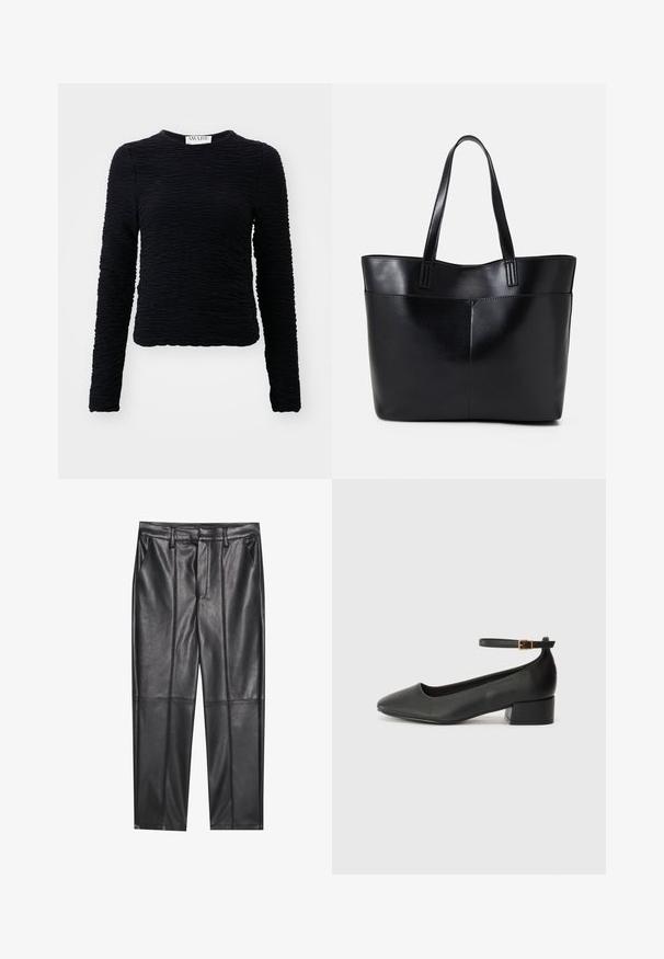 Black long-sleeve top made of textured material with a crinkled design, featuring a crew neck and a hem that sits at the waist.; Black leather trousers with a smooth texture, featuring a straight fit, two front pockets, and visible seam detailing.; Black leather pump with a pointed toe and a low block heel. Features an ankle strap with a gold-tone buckle. Smooth texture.; Black leather tote bag with two long handles, a smooth texture, and a structured shape. Features a front pocket for additional storage.