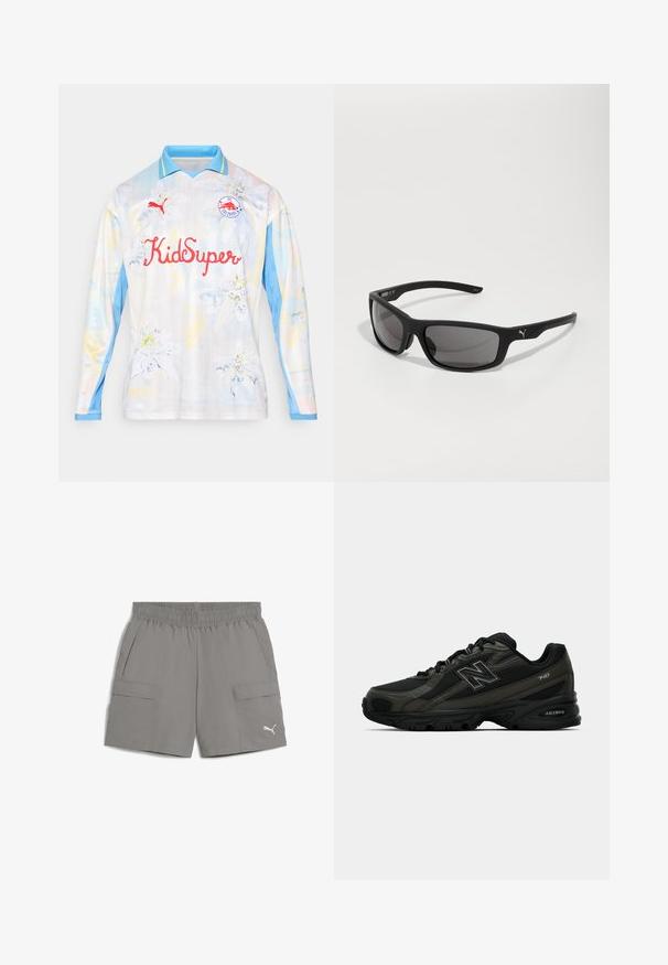 Pitkähihainen jalkapalloasema vaaleissa väreissä, kukkakuosisena. Varustettu vaaleansinisellä kauluksella, punaisella "KidSuper"-tekstillä ja logolla rinnassa.; Harmaat cargo-shorts, jotka on valmistettu kevyestä kankaasta. Shortsissa on joustava vyötärö, kaksi sivutaskua ja pieni logo vasemmassa alareunassa.; Mustat urheilukengät, joissa on teksturoitu synteettinen päällinen, pehmustettu pohja ja näkyvä "N"-logo sivussa. Suunnittelussa on kevyitä verkkokohteita.; Mustat aurinkolasit, joissa on mattapinta, suorakulmaiset linssit ja silmiinpistävä logo korvassa. Napautetut linssit, UV-suoja.