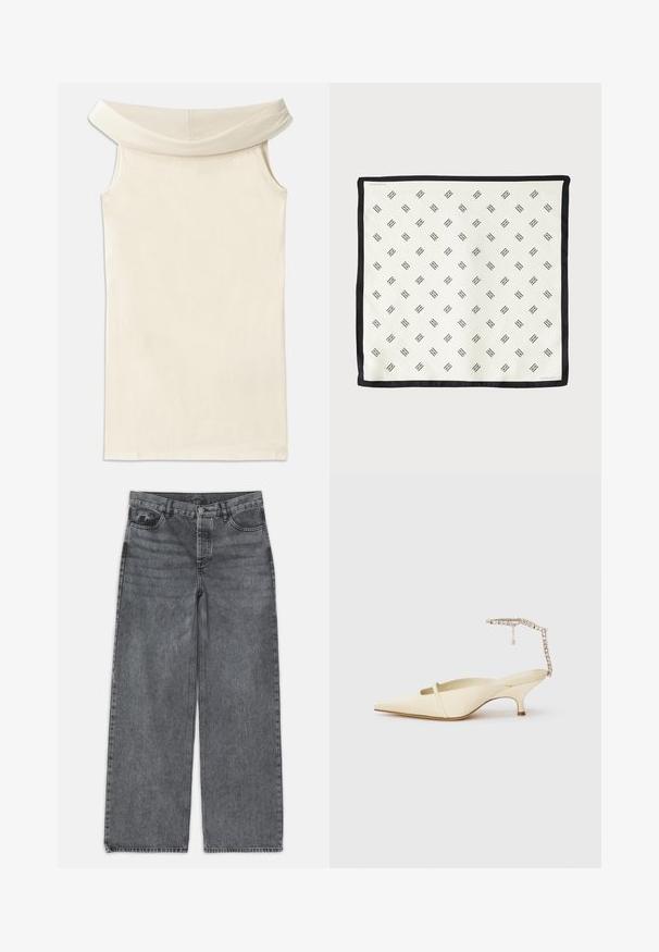 Abito beige off-the-shoulder realizzato in tessuto morbido, con scollatura ampia e design senza maniche, caratterizzato da un taglio dritto e orlo pulito.; Jeans a gamba larga in denim grigio scuro. Presentano una vita alta, design a cinque tasche e chiusura anteriore con bottone. Texture liscia con un leggero sbiadimento.; Tacco slingback crema con punta a punta, dotato di una sottile fascia frontale e di una cinghia alla caviglia adornata di gioielli su sfondo bianco.; Foulard bianco in seta con un motivo geometrico nero ripetuto, bordato con un bordo nero solido. Leggero e con una texture liscia.
