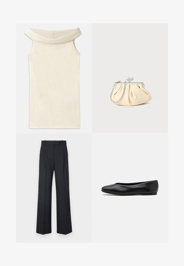 Off-the-shoulder beige dress made of smooth fabric, featuring a wide neckline and sleeveless design, with a straight cut and clean hem.; Dark blue pinstriped trousers with a high waist, wide leg design, and no visible hardware or embellishments. Smooth texture and tailored fit.; Paul Smith TOPANGA - Ballet pumps - black; Pleated beige leather clutch with a silver metal frame, featuring two round decorative clasps and a silver chain strap.