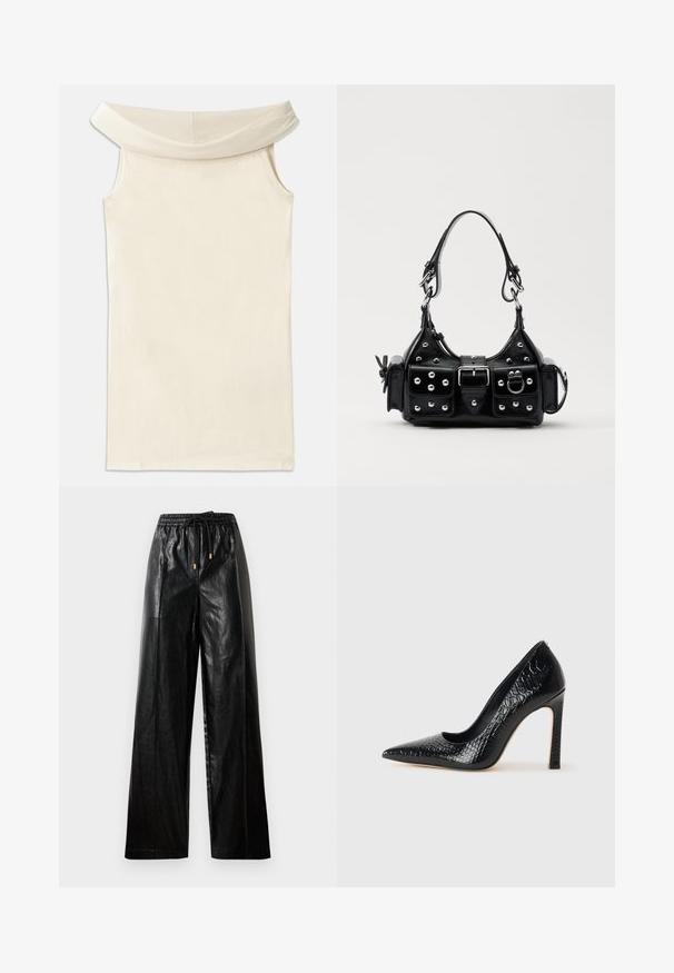 Õlgadelt avatud beež kleit, mis on valmistatud siledast kangast, laia kaelusega ja ilma varrukateta, sirge lõike ja puhta servaga.; Mustast nahast laiade säärtega püksid elastse vöökoha, paelaga ja kuldsete detailidega. Sile tekstuur ja avar istuvus.; Mustan teravaotsaga kõrge kontsaga king, millel on krokodillimustriga tekstuur, stiilne disain, kõrge stilettokonts ja sile must sisesisustus.; Must värvi nahast käekott, millel on kaarjas disain, hõbedased nupukesed, kinnitusahe ja kaks külgtaskut. Reguleeritav rihm erinevate kandmisvõimaluste jaoks.