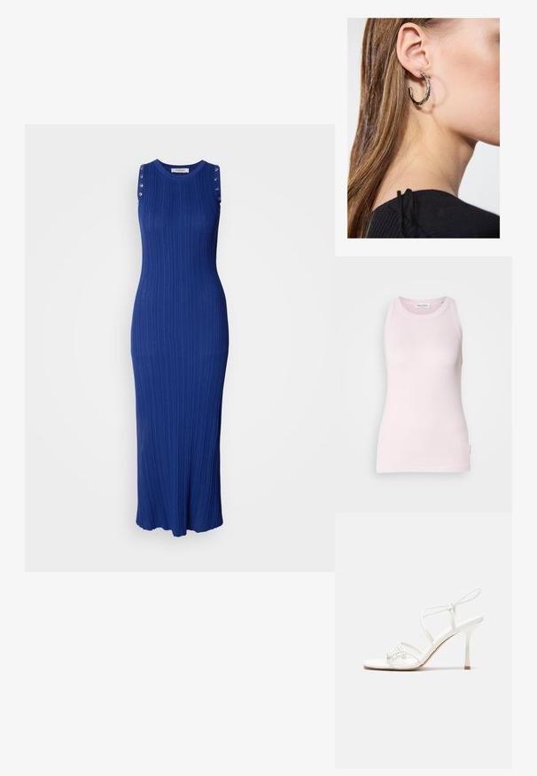 Succea roz deschis, fără mâneci, dintr-un material moale din bumbac. Prezintă un decolteu rotund și un design ajustat, cu un etichetă pe cusătura laterală.; Rochie maxi fără mâneci dintr-un material tricotat în valuri, de culoare albastru strălucitor, cu detalii metalice sub formă de nasturi pe bretelele umărului și o margine evazată.; Sandale albe cu toc înalt, cu barete, bază plată pentru degete, față texturată cu accente strânse și o curea subțire la glezna.; Geantă tip bucket metalică argintie, cu un finisaj texturat, decorată cu o mânere rotundă argintie și închidere cu șnur, ținută lângă blugi albaștri deschiși.; Cercel din argint cu un finisaj polișat, având detalii mici din aur și o formă rotundă, purtat pe lobul urechii.