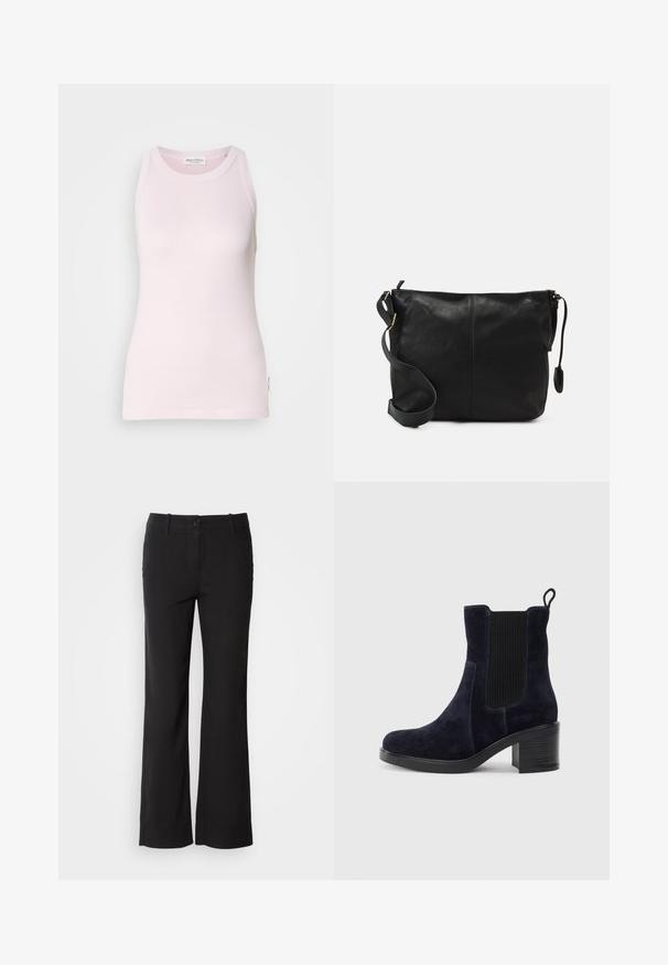 Camiseta sin mangas de color rosa claro, hecha de suave tela de algodón. Presenta un cuello redondo y un diseño ajustado con una etiqueta en la costura lateral.; Pantalones de mezcla de algodón negros con un diseño de pierna recta, cierre frontal de botón y dos bolsillos laterales. Textura suave, sin patrones visibles.; Botín de ante azul marino con panel lateral elástico, puntera redondeada y tacón de bloque. La tela texturizada y la suela lisa añaden contraste.; Bolso cruzado de cuero negro con forma plana, acentos de hardware dorado y correa ajustable. Textura suave con detalles de costura mínimos.