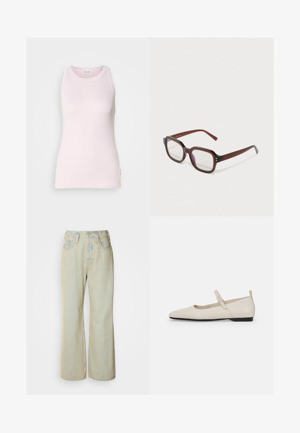 Top senza maniche rosa chiaro realizzato in morbido cotone. Presenta un collo rotondo e un design aderente con un'etichetta sulla cucitura laterale.; Jeans blu chiaro a gamba larga realizzati in denim, con vita alta, cinque tasche e un leggero sbiadimento con accenti di cucitura a contrasto.; Décolletés Mary Jane bianchi in pelle con punta affilata, fibbia laterale e tacco basso nero. Texture liscia e design minimalista.; Occhiali rettangolari traslucidi marroni con lenti trasparenti, leggero riflesso viola e piccoli punti decorativi dorati agli angoli anteriori.; Orecchino a cerchio in argento con finitura lucida, caratterizzato da piccoli dettagli in oro e una forma tondeggiante, indossato sul lobo.