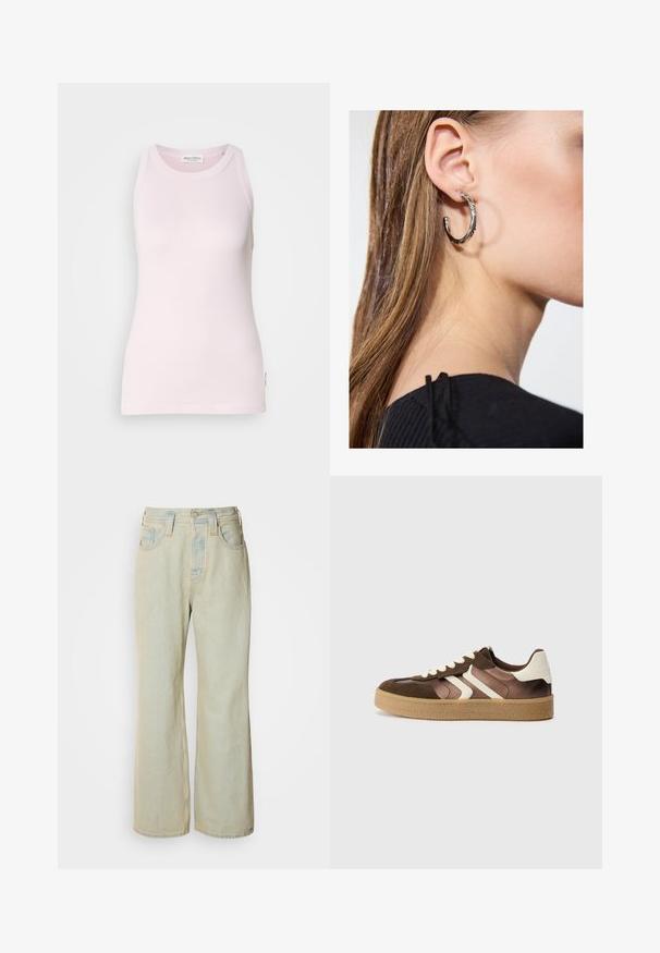 Helles rosa ärmelloses Tanktop aus weichem Baumwollstoff. Verfügt über einen runden Ausschnitt und eine figurbetonte Passform mit einem Etikett an der Seitennaht.; Hellblaue Schlagjeans aus Denim mit hoher Taille, fünf Taschen und subtilen Ausbleichungen sowie kontrastierenden Nähakzenten.; Braune und cremefarbene Sneakers aus einer Kombination von Wildleder und Satin, mit drei diagonalen Streifen und einer strukturierten Gummisohle.; Silberne Creolen mit polierter Oberfläche, die kleine goldene Akzentdetails und eine runde Form aufweisen, am Ohrläppchen getragen.