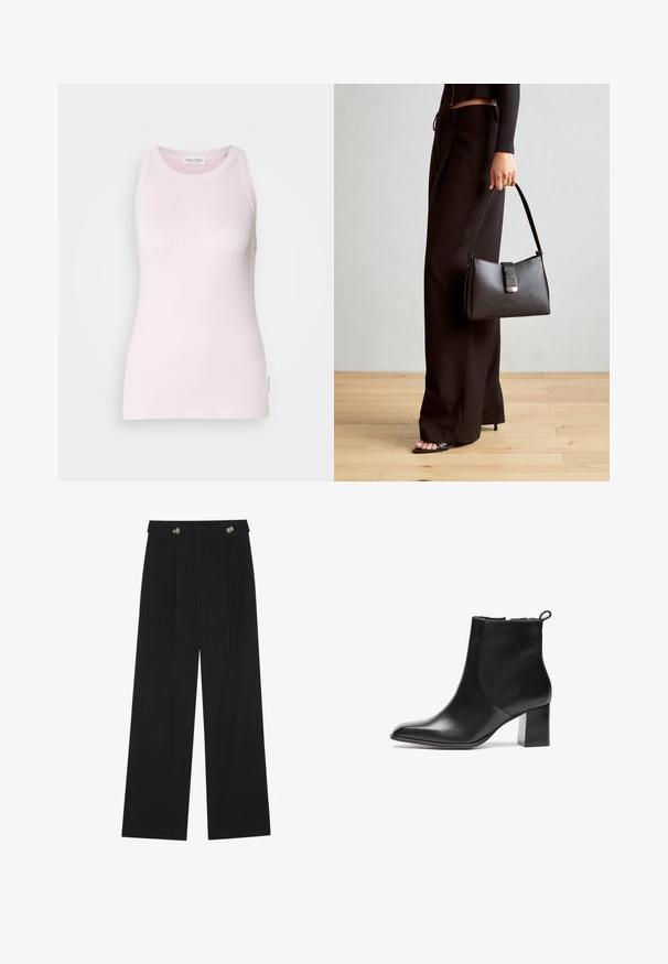Helles rosa ärmelloses Tanktop aus weichem Baumwollstoff. Verfügt über einen runden Ausschnitt und eine figurbetonte Passform mit einem Etikett an der Seitennaht.; Schwarze weite Hosen mit hoher Taille, Knopfdetails am Bund und vorderen Falten.; Schwarze Leder-Ankle-Boots mit runder Spitze, moderatem Blockabsatz und einer Schlaufe an der Rückseite. Glatte Textur, minimales Design.; Schwarze Handtasche mit strukturierter Form, glatter Textur und einem metallischen Verschluss. Kombiniert mit weiten schwarzen Hosen und offenen Sandalen auf einem Holzboden.