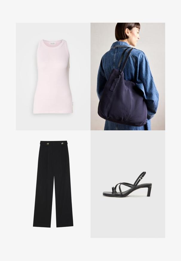 Lichtroze mouwloze tanktop van zachte katoenstof. Kenmerkt zich door een ronde hals en een aansluitend ontwerp met een label op de zijnaad.; Zwarte wijde broek met hoge taille, knoopdetails op de tailleband en plooien aan de voorkant.; Zwarte sandaal met bandjes, vierkante teen en een lage blokhak. Voorzien van meerdere dunne bandjes en een verstelbare enkelband. Gemaakt van zacht leer.; Marine canvas schoudertas met een zachte, gestructureerde vorm, voorzien van een zwarte strap, gestikte details en een klein merketiket.