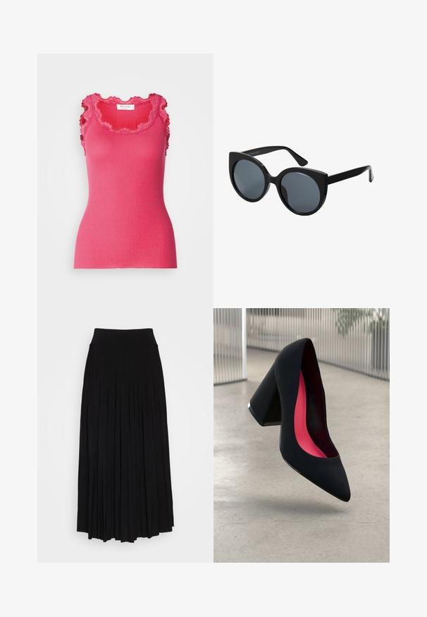 Rosemunde BABETTE U NECK - Felső - pink berry; Fekete, redőzött szoknya magas, rugalmas derékrésszel. Puha anyagból készült, függőleges redőzéssel a légies sziluett érdekében.; Fekete magassarkú cipő hegyes orral, textúrált felülettel és élénk rózsaszín béléssel. Vastag sarokkal rendelkezik, ezüst kiegészítővel.; Fekete, nagy méretű macskaszem alakú napszemüveg, sötét szűrt lencsékkel és fényes műanyag kerettel. Vastag szárakkal rendelkezik a megfelelő tartás érdekében.
