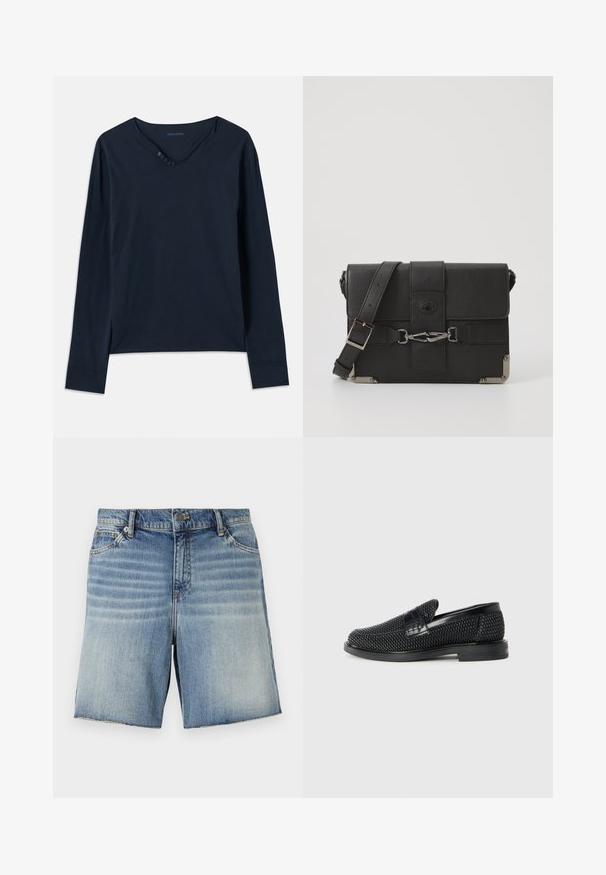 Dlouhý rukáv, námořnická modrá tričko vyrobené z měkké bavlny. Obsahuje výstřih do V s pěti knoflíky a jemné boční rozparky na lemu.; Džínové kraťasy ve světle modré barvě s vybledlým designem, pět kapsového stylu a zakončením s neopracovaným lemem. Obsahují kovový knoflík a zip.; Černé pletené nazouvací boty s hladkým koženým akcentem na svršku, kulatou špičkou a nízkoprofilovou gumovou podrážkou.; Černá kožená taška přes rameno s texturovaným povrchem, kovovými detaily, nastavitelným popruhem a klopnou s přezkami.