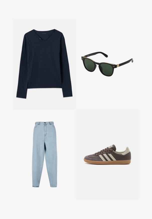 Dlhý rukáv, tmavomodré tričko vyrobené z mäkkého bavlneného materiálu. Má výstrih do V s piatimi gombíkmi a jemné bočné rozparky na leme.; Svetlo modré nohavice s vysokým pásom a voľným strihom. Obsahujú predné zapínanie na gombík, zips a dizajn s piatimi vreckami. Materiál je jemne vyblednutý.; Hnedá kožená teniska s tromi svetlosfarbenými pruhmi, gumovou podrážkou, okrúhlou špičkou a textúrovanými semišovými akcentmi na päte a špičke.; Slnečné okuliare s čiernym matným rámom, tmavozelenými šošovkami, zlatými akcentmi a dvoma malými ozdobnými bodkami na prednej strane. Úzke bočné ramená.