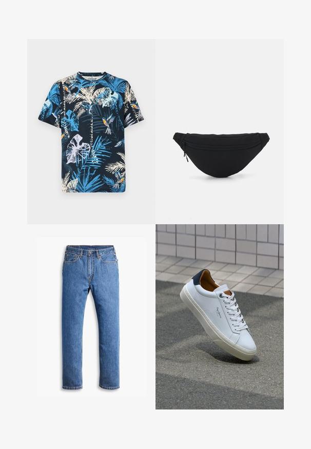 Korte mouwen katoenen T-shirt met een marineblauwe achtergrond en heldere blauwe en witte palmbladeren en vogelprints. Ronde hals stijl met een relaxte pasvorm.; Blauwe spijkerbroek met een rechte pasvorm, voorzien van vijf zakken, een knoopsluiting en oranje stikselaccenten op een witte achtergrond.; Witte leren sneaker met een marineblauwe hiel, ronde neus en contrasterende bruin accent. Beschikt over platte veters en een gestructureerde rubberen zool.; Zwarte stof heuptas met een afgeronde vorm, voorzak met rits en een gladde textuur. Geen zichtbare patronen of accenten. Lichtgewicht ontwerp.
