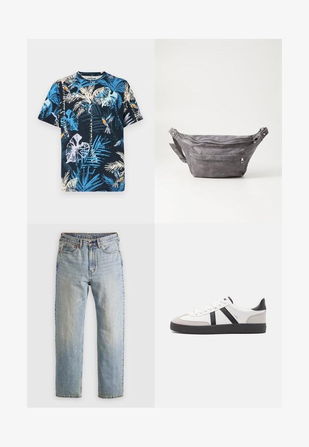 Trumpas rankovėmis medvilninis marškinėliai su tamsiai mėlyna fono spalva, puošti ryškių mėlynų ir baltų palmės lapų ir paukščių raštais. Apvaliu kaklu, su laisvu siluetu.; Šviesiai mėlynos džinsinės kelnės su aukštu liemeniu, priekyje mygtukas, užtrauktukas ir penkių kišenių dizainas, išklotos ant neutralios fono.; Balti sportbačiai su juodais ir pilkais akcentais, pasižymintys tekstūruotu pilku pirštų dangteliu, juoda gumine padais ir plokščiomis baltomis raišteliais. Švarus dizainas, minimalistinis stilius.; Pilkas suedes fanny pack'as apvalios formos, su dviem užtraukiamais skyreliais ir reguliuojama diržele. Yra metaliniai aksesuarai.
