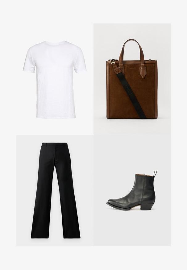 Fehér, rövid ujjú póló puha pamutból, kerek nyakkal, sima kivitelben és egyenes szabással, alkalmas mindennapi viseletre.; Fekete, bő szabású nadrág sima anyagból. Közepes magasságú derékrésszel és elülső redőkkel rendelkezik, amely testre szabott sziluettet biztosít.; Fekete bőr bokacsizma, kerek orral, enyhe sarkal, oldalsó zipzárral és hátul húzókával. Simább felület és egyszerű dizájn.; Barna velúr és bőr válltáska két felső fogantyúval és állítható pánttal, fekete logóval a pánton és sima felülettel.