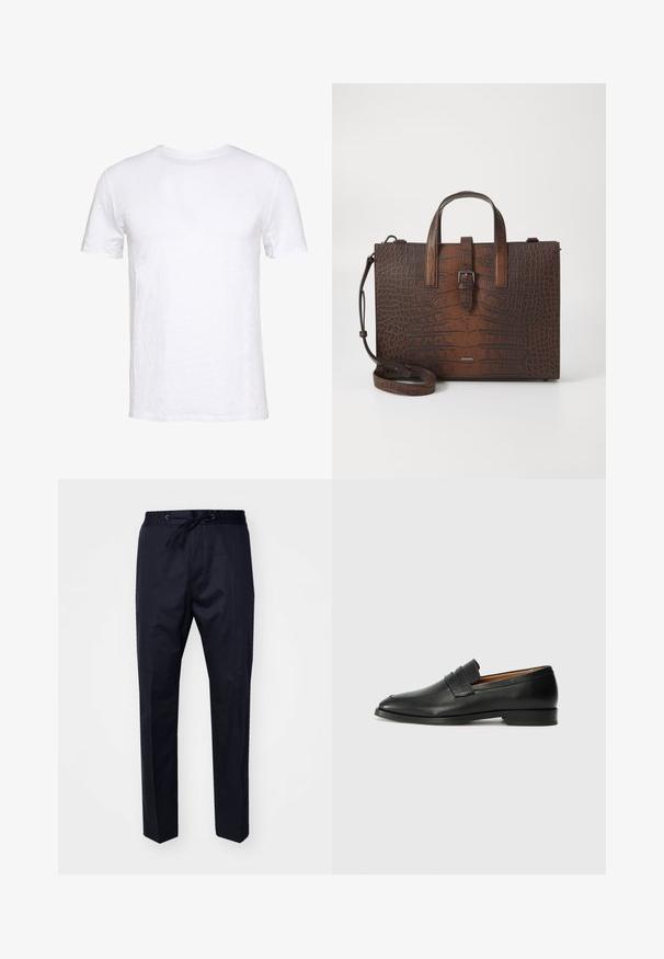 Hvid kortærmet t-shirt lavet af blød bomuld med rund hals, enkel design og lige snit, velegnet til afslappet brug.; Marineblå, letvægtsbukser med elastisk talje, justerbar snor og lige ben. Glat tekstur uden synlige mønstre eller accenter.; Sort læder loafer med rund tå, diskret syning, og lav hæl, der har en glat tekstur og minimalistisk design.; Brun krokodillede lædertaske med topstænger og en aftagelig skulderrem. Har en spænde lukkefunktion og rektangulær form.