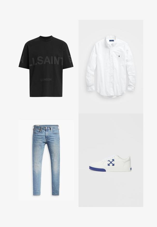 Črna oversize majica s短kimi rokavi z temno sivo napisano besedo "ALLSAINTS" čez prsi in "LONDON" v manjših črkah spodaj.; Bela dolg rokav srajca s gumbi iz bombaža. Ima klasičen ovratnik, gumbnice na zapestjih in majhen temno moder vezen logotip na prsih.; Svetlo modri oprijeti džins s blagim bledenjem na stegnenicah, sprednji gumbasti zapenjač, zanke za pas in pet žepov na belem ozadju.; Beli superge z teksturirano površino, modrim poudarkom na konici in logotipu, z vezalkami in ravnim gumijastim podplatom.