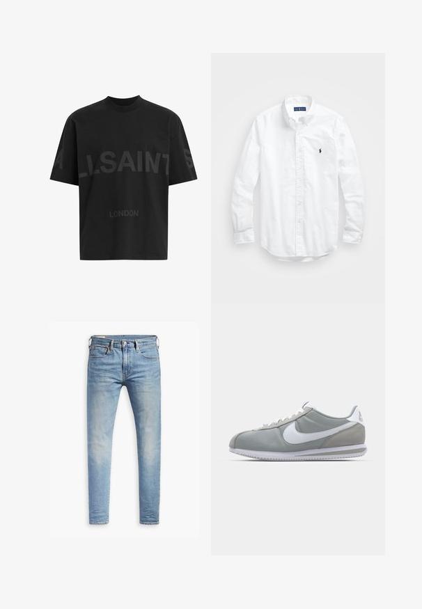 Svart oversized T-skjorte med mørkegrå "ALLSAINTS" tekst over brystet og "LONDON" i mindre bokstaver under.; Hvit langermet skjorte i bomull med knapper. Har en klassisk krage, knappe mansjetter og en liten marineblå brodert logo på brystet.; Lys blå denimjeans med slim fit, fem lommer og subtil falming. Har knappestang og sømmet fald.; Grå idrettssko med overdel i semsket skinn og tekstil, hvit Nike swoosh og hvite snøringer. Har en teksturert gummisåle og polstret krage.