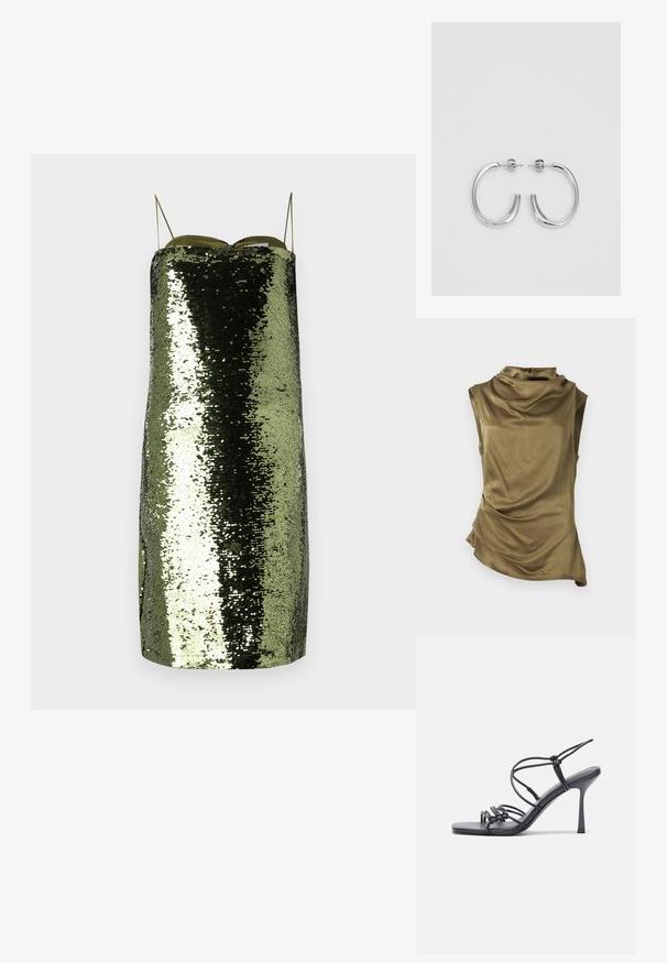 Ärmlös topp i olivgrön satin med draperad halsringning och sidofåll. Har en bakre dragkedjestängning. Slät, lätt textur.; Grön paljettklänning med rak skärning, tunna justerbara band, som har en reflekterande yta och en smal silhuett.; Svarta högklackade sandaler har tunna remmar med en knuten design, en slät fyrkantig tå och en smal stilettklack.; Ljusgrå metallisk handväska med kedjestropp, prydd med små cirkulära metallnitar och en triangulär logotyp.; Silver hoopsörhängen med en slät, glänsande yta, med en böjd form och post-stängning. Minimalistisk design med en modern finish.