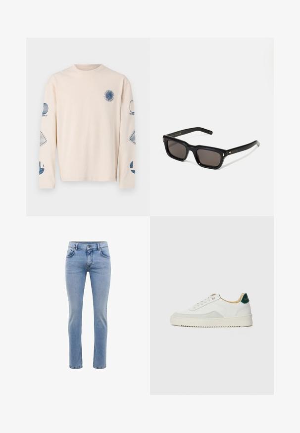 Dlouhý rukáv, béžové tričko z bavlny. Na hrudi a rukávech má modré grafické potisky s různými geometrickými vzory.; Svetle modré džíny z denimu s úzkým střihem, pět kapsami a rovnými nohavicemi. Obsahují zip a poutka na opasek. Měkká textura.; Bílé tenisky se semišovými prvky, kulatou špičkou, plochými tkaničkami a krémovou gumovou podrážkou. Na patě mají zelené logo.; Černé obdélníkové sluneční brýle s tmavými skly, silným plastovým rámem, zlatými akcenty na spáncích a vyrytým logem značky na nožičce.
