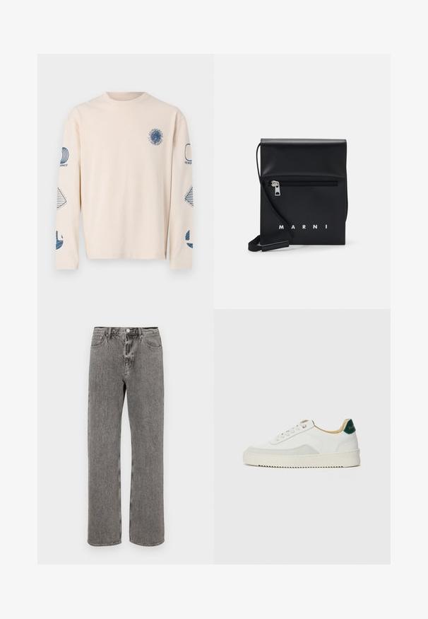 Beige langärmeliges T-Shirt aus Baumwolle. Mit blauen Grafiken auf der Brust und den Ärmeln, die verschiedene geometrische Designs zeigen.; Grau gefärbte Denim-Jeans mit geradem Schnitt, Fünf-Taschen-Design und Knopfverschluss am Bund. Dezenter, ausgeblichener Textur im gesamten Stoff.; Weiße Sneaker mit Wildlederelementen, runder Zehenpartie, flachen Schnürsenkeln und einer cremefarbenen Gummisohle. Mit grünen Markenlogo am Fersenbereich.; Schwarze Leder-Crossbody-Tasche mit einer Reißverschlusstasche vorne, geprägtem Logo und verstellbarem Tragegurt. Glatte Oberfläche mit strukturierter Form.
