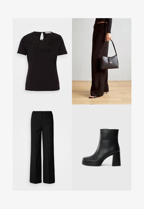 Black short-sleeved t-shirt with floral lace detailing on the neckline and a keyhole opening at the back. Soft cotton material.; Black wide-leg trousers with a smooth fabric, featuring a high waist, tailored seams, and a minimalist design. No visible hardware or pockets.; Black leather ankle boot with a block heel and platform sole, viewed from the side on a plain white background.; Black handbag with structured shape, smooth texture, and a metallic clasp. Paired with wide black pants and open-toe sandals on wooden floor.