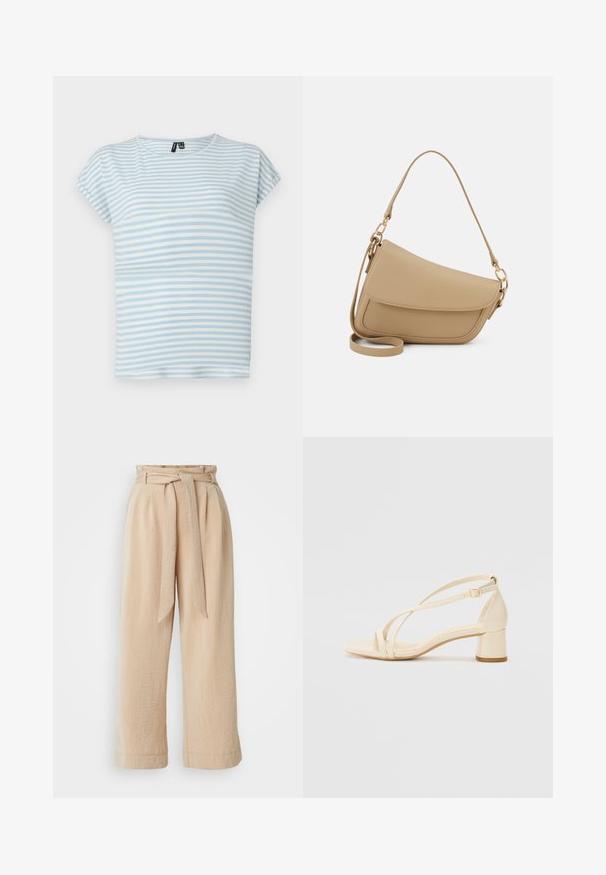 Hele sinine triibuline t-särk, mis on valmistatud pehmest puuvillast. Omab lühikesi varrukaid ja ümmargust kaelust. Horisontaalsed triibud erinevates laiuses.; Bežid laiad püksid, millel on rihmaga vöö, valmistatud tekstuurlisest kangast. Omavad esikurtse ja sujuvat viimistlust ääres.; Bežid kontsagaid sandaalid plokknõlva, rihmadega disain ja reguleeritav pahklu strap, valmistatud siledast sünteetilisest materjalist matta viimistlusega.; Even&Odd Käekott - beige